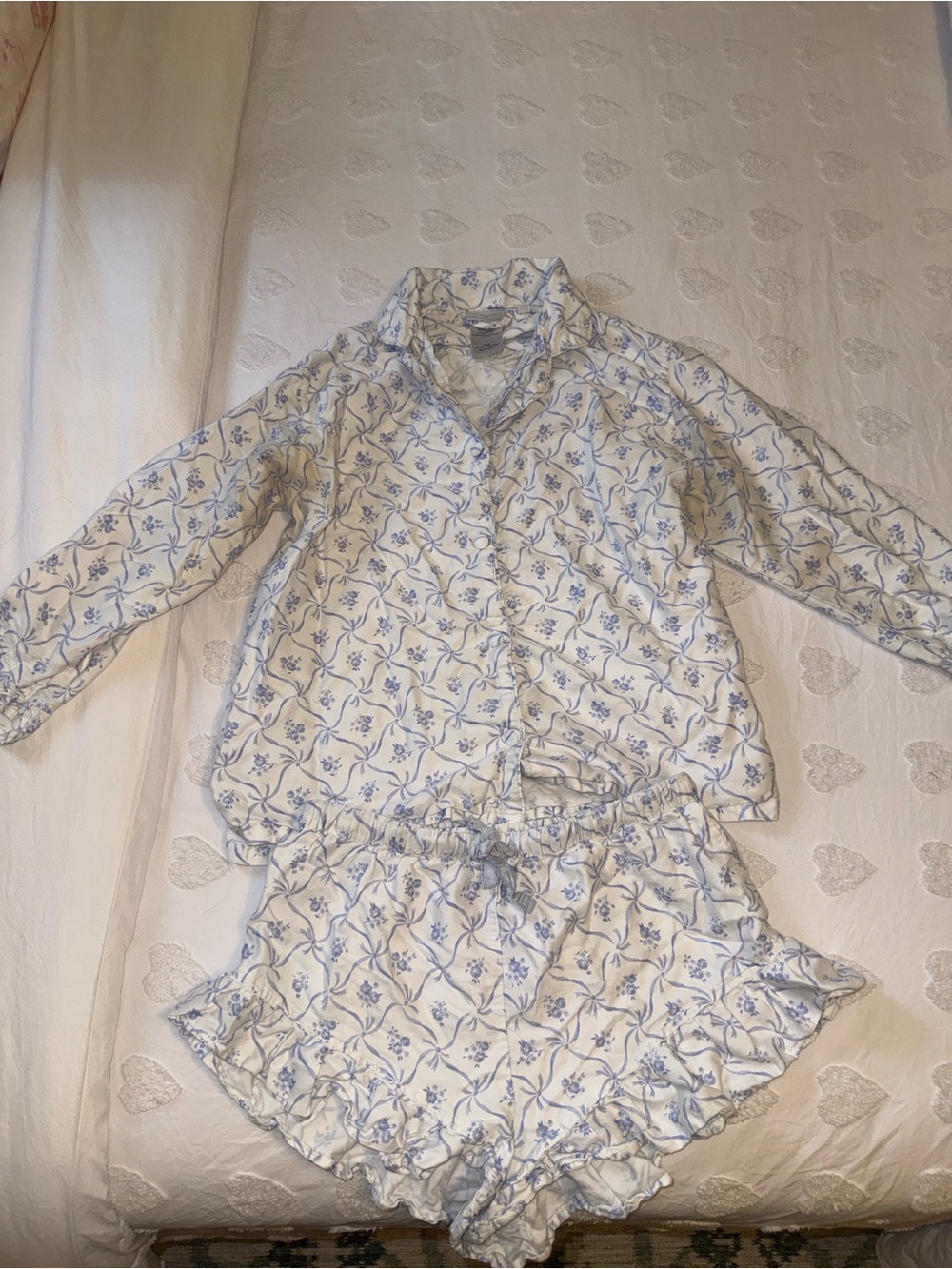 LoveShackFancy White and Light Blue Floral Two-Piece Pajama Set